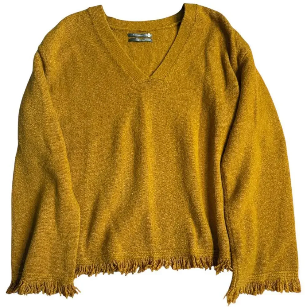 Anthropologie Mustard Yellow V-Neck Fringe Hem Knit Sweater Women’s Small